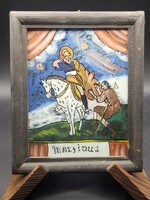 Szent Márton vallásos üvegkép – népi szentkép, 21 × 17 cm