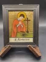 Szent Alajos vallásos üvegkép, aranyozott hatású háttérrel – 21 × 17 cm