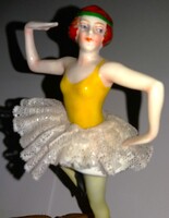 1920'S VOLKSTEDT MÜLLER porcelán BALERINA,ZENEDOBOZ figura DREZDAI csipke szoknya-KORÁNAK MEGFELELŐ