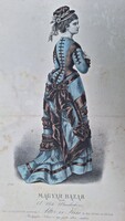 MAGYAR BAZÁR DIVATKÉPE  eredeti színes litográfia 1800 as évek