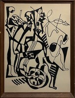 Absztrakt jellegű, art deco stílusú tusrajz üvegezett keretben