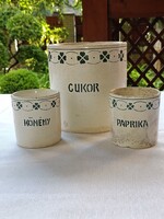 Antik hollóházi keménycserép FŰSZERTARTÓK (cukor, kömény, paprika) zöld színű lóhere mintával