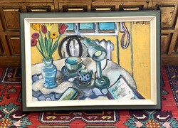 MÜLLER JELZÉSŰ ASZTALI CSENDÉLET, OLAJ, VÁSZON FESTMÉNY KATRONRA KASÍROZVA, 60 x 40 CM