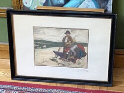 GLATZ OSZKÁR, PRIHODA RÉZKARC, FALUSI GYEREKEK, EREDETI FEKETE KERETBEN 51 x 37 CM