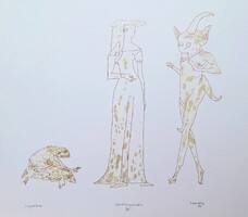 Szemethy Imre: Lugasban - különleges modern grafika, szürrealizmus, 1980, jelenet, emberek