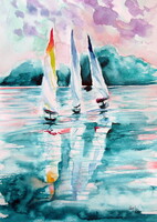 Kovács Anna Brigitta: Sailboats on Balaton II -  watercolor painting - Vitorlások a Balatonon II