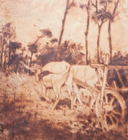 AKCIÓ! CSAK 7 EZER FT: Komjáti-Wanyerka Gyula - Ökrösszekér rézkarc, 1921 - paraszti kép, állatok