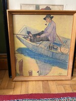 LETKÉS, IPOLY FOLYÓ, SZLOVÁK HATÁR, PECÁZÓ, PIPÁZÓ FÉRFI A CSÓNAKBAN JELZETT GRAFIKA 32 x 36 CM