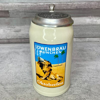 Löwenbrau München Oktoberfest Oroszlános ónfedeles kerámia söröskorsó 1 l