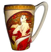 MESESZÉP szecessziós aranyozott CARMANI porcelán bögre - ALFONS MUCHA RUBY-  HIBÁTLAN 16 cm