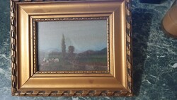 Tájkép - ÉLETKÉP - üveggel védve - antik keretben --MINIATURA - kis méret - 1950-es évek!