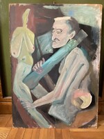 BAJUSZOS FÉRFI ÉS NŐI AKT AKCIÓ KÖZBEN, EROTIKUS OLAJ, FAROST FESTMÉNY 59 X 42.3 CM