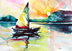 Kovács Anna Brigitta: Sailboat on Balaton II -  watercolor painting - Vitorlás a Balatonon II