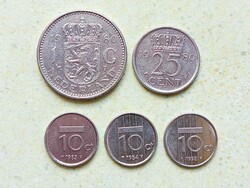 Hollandia 5 db Különböző Érme 10 25 Cent 1 Gulden 1980-1995