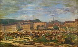 Nagy Dániel Ferenc (1888 - 1964) Budapest Haller téri Nagyvásár 1924 festménye Eredeti Garanciával!