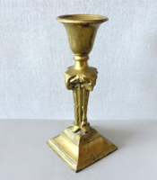Ritka Art Deco kosfejes tömör sárgaréz gyertyatartó – 19,5 cm, 707 gramm