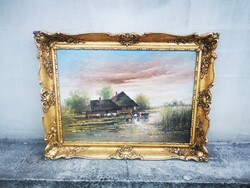 Mesterházy Dénes (1900-1949): Falusi életkép mosónővel – Nagyméretű, jelzett olajfestmény HIBÁTLAN,