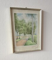 Hangulatos vidéki tájkép fasorral, jelzett akvarell festmény (29x36 cm)