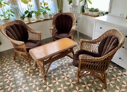 Vintage Vessző Nád Fonott Rattan Ülőgarnitúra Kerti Bútor Szett Fotel Karosszék Dohányzóasztal