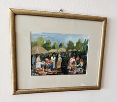 Dinamikus piaci életkép – Hangulatos, 20. századi festmény, szignózott (21x15 cm)
