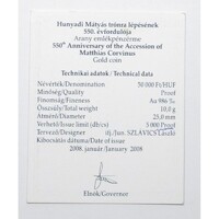 Magyarország,50000 forint 2008 PP - Hunyadi Mátyás - Arany - Certifikáció