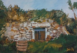 Festmény (02/57) - BÁNFI : BOROSPINCE AZ EGRI ÖREGSORON (olaj, karton, 50x35  cm)