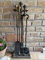 Antik stílusú sárgaréz kandalló készlet (5 részes, 70 cm, hiánytalan)