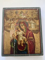 Szűz Mária Jézussal, XIX sz. IKON 19x15x2,5 cm ATHOSZI templomban készült hátoldalon igazolással