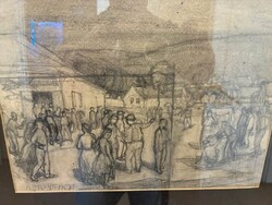 Aba-Novák Vilmos - Vásári forgatag (1931). Korai, jelzett kompozíciós vázlat / stúdium (30x22 cm)