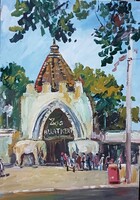 Festmény (02/14) - BÁNFI : BUDAPEST, ÁLLATKERT (olaj, karton, 50x35  cm)