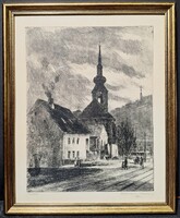 Tabán grafika, szép keretben! Budapesti részlet, Csurgói Máté - fekete-fehér kép arany kerettel