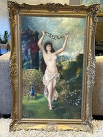 XIX. sz. Antik nagypolgári szalonfestmény (120x80 cm) Reprezentatív női akt blondel keretben