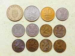 Magyarország 12 db Különböző Érme 2 5 10 100 Forint 1970-1995