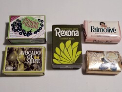 5 db régi szappan: Rexona, Palmolive, Acocado, Rózsa, Fekete ribizli