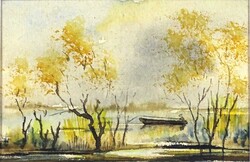 2A338 Dégi István : "A horgász" kisméretű akvarell 11.7 x 7.7 cm