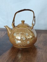 Vintage japán lüsztermázas porcelán teáskanna – Bambusz füllel, jelzett (18 cm)