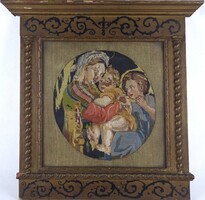 2A344 Régi Madonna kis Jézussal szentkép tűgobelin reneszánsz keretben