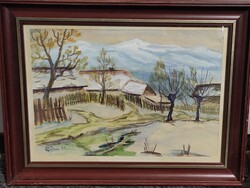 Szignált keretezett festmény tájkép falusi élet téli táj régiség N. Géza akvarell