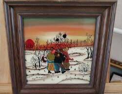 Naív stílusú üvegfestmény 27x27 cm kerettel