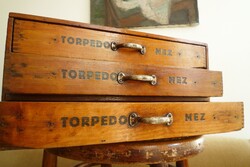 Antik Mez Torpedo cérnás doboz fiókos doboz szekrényke Mez Vater reklám szatócsbolti cérnatartó
