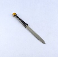 2A673 Iparművészieti spirál mintás borostyán köves levélbontó kés 22.5 cm