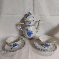 Herendi porcelán kávé kiöntő csészékkel kék Apponyi kézifestett mintával