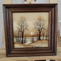 Naív stílusú üvegfestmény 27x27 cm kerettel