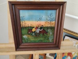 Naív stílusú üvegfestmény 27x27 cm kerettel