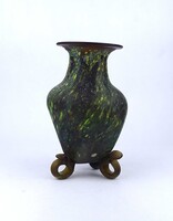 2A880 Zöld sárga foltos márványmintás jelzett 1997-ből muranoi fújt üveg váza 24 cm