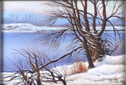 2A340 Pintér József : "Tél a Tiszán" 1989 16 x 22.5 cm