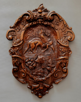 Hatalmas, valódi fafaragás fali dísz – Harcoló szarvasok vadászjelenet (44x31 cm)