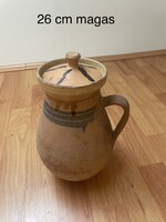Antik ritka népi cserép aratókorsó / fedeles edény eredeti csíkos tetővel - 26 cm