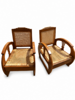 Antique Art Deco colonial armchair pair – solid teakwood, hand-woven french rattan