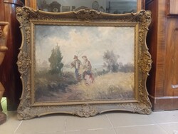Antik olajfestmény: Mezei munka / Aratás (60x80 cm) – Karikás szignóval